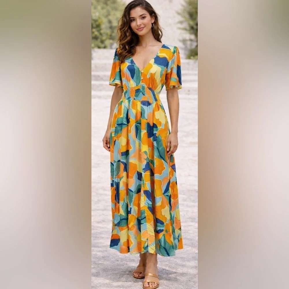 Abel The Label Abstract Floral Smocked Waist Maxi Dress Orange‎ Blue Sz L